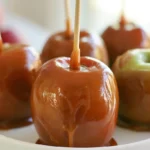 Caramel apples with glossy coating and wooden sticks on parchment paper