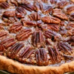 Pecan pie with toasted pecan halves arranged in circles on top, in a fluted pie dish on a white surface