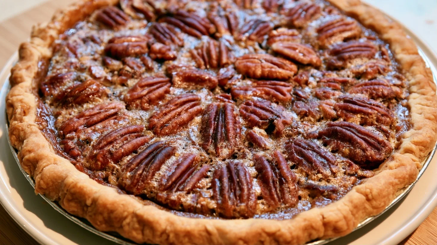 Pecan pie with toasted pecan halves arranged in circles on top, in a fluted pie dish on a white surface
