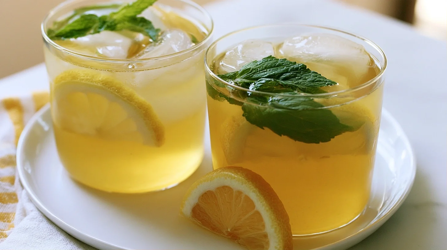 Honey citrus mint tea in a clear glass mug with lemon slices and fresh mint leaves