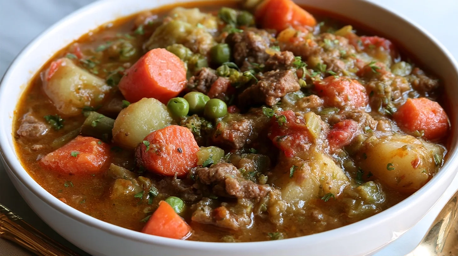Beef vegetable soup in a white bowl with visible chunks of beef, carrots, green beans, and potatoes in rich broth