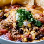 Taco soup with ground beef in a white bowl topped with shredded cheese, sour cream, and tortilla chips