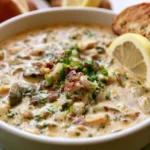 Clam chowder recipe in a white bowl with bacon and fresh parsley garnish