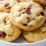 White chocolate cranberry cookies stacked on a white plate with visible white chocolate chips and red cranberries