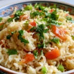 Rice pilaf in a white serving bowl with fluffy grains, garnished with fresh parsley and a fork resting on the side