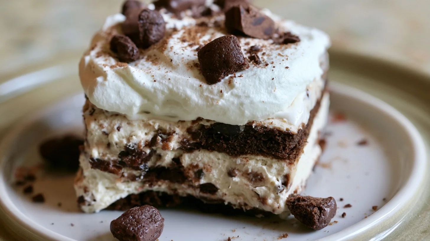 Dirt cake in a 9x13 pan with layers of crushed Oreos, pudding, and cream cheese topped with cookie crumbs and gummy worms