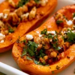 Honey nut squash halves roasted golden brown on a white plate with fresh thyme garnish