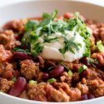 Kent Rollins cowboy chili in a white bowl with chunks of beef, diced onion, and shredded cheese on top