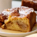 French toast casserole in a white baking dish with golden brown top and crisp edges, served with fresh berries