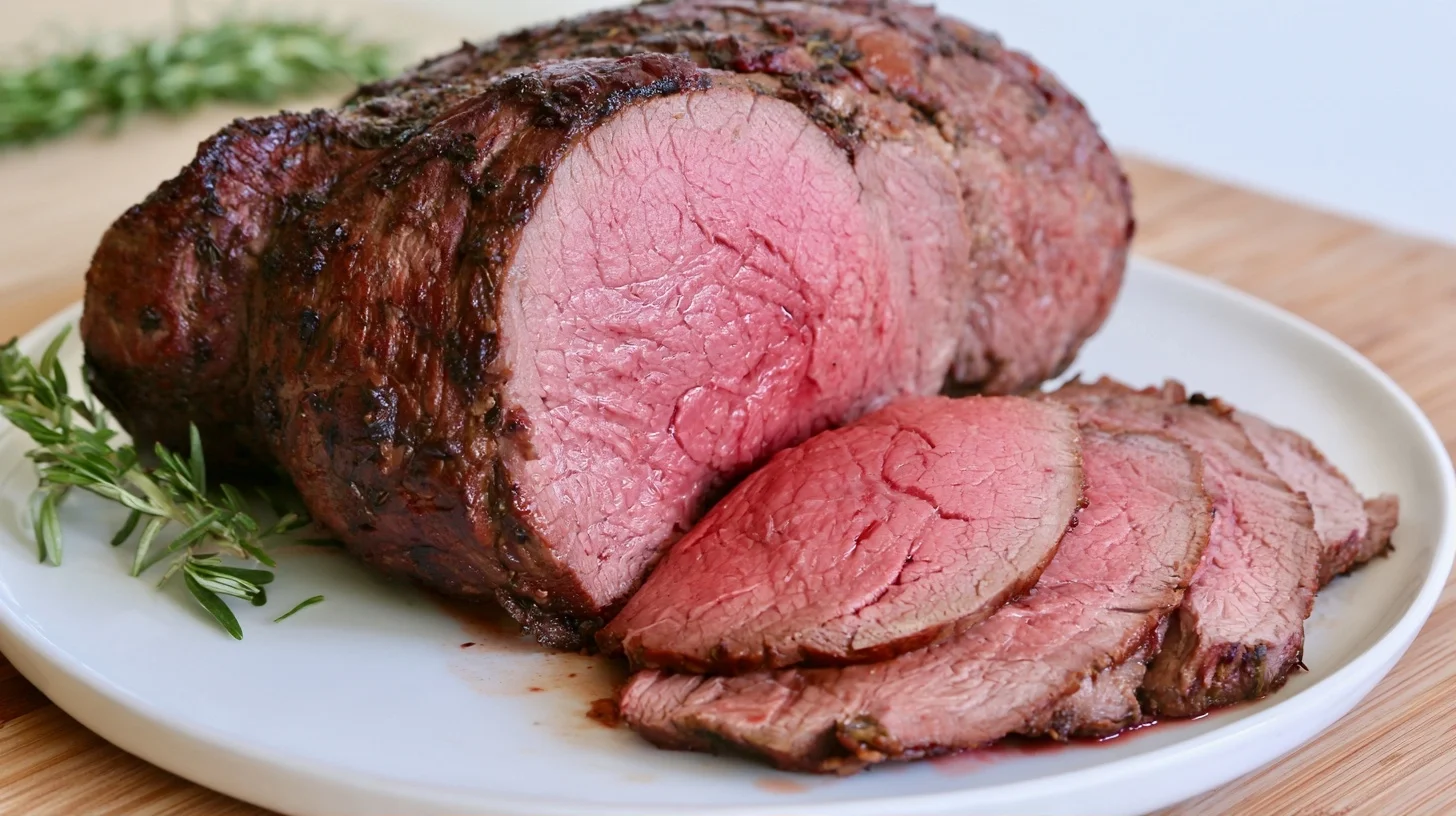 Bottom round roast sliced thin on a white platter with fresh herbs and pan juices