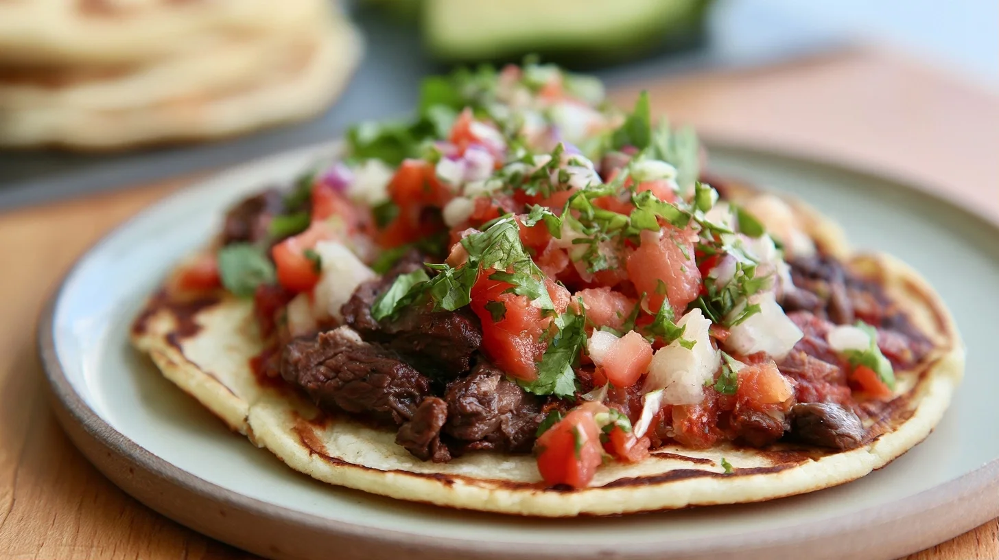 Gorditas on a ceramic plate with refried beans and crumbled cheese filling, garnished with cilantro