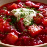 Cyndi Lauper favorite borscht in a white bowl with a dollop of sour cream and fresh dill on top