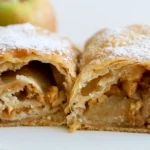 Apple strudel sliced on a white plate with powdered sugar dusting and golden flaky pastry