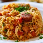 Jambalaya with chicken, sausage, and rice in a white bowl, garnished with sliced green onions