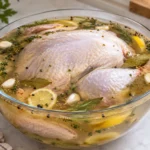Turkey Brine recipe the Whole thawed turkey immersed in a big bowl of the brine