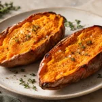 viral sweet potato recipe baked sweet potato halves on a plate, eye pleasing and well baked, landscape