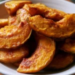 Hokkaido pumpkin wedges roasted until golden brown with caramelized edges on a white serving platter, garnished with fresh thyme