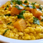 Pumpkin risotto in a white shallow bowl with grated Parmesan and black pepper on top