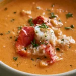 Lobster bisque in a white bowl with chunks of lobster meat and fresh parsley garnish