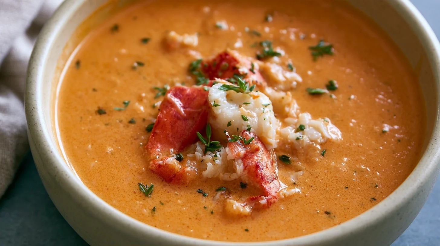 Lobster bisque in a white bowl with chunks of lobster meat and fresh parsley garnish