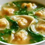 Wonton soup in a white bowl with pork wontons, bok choy, and sliced green onions in clear broth