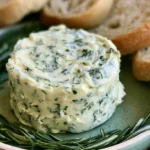 Homemade herb butter sliced into rounds on a white plate with fresh parsley and thyme