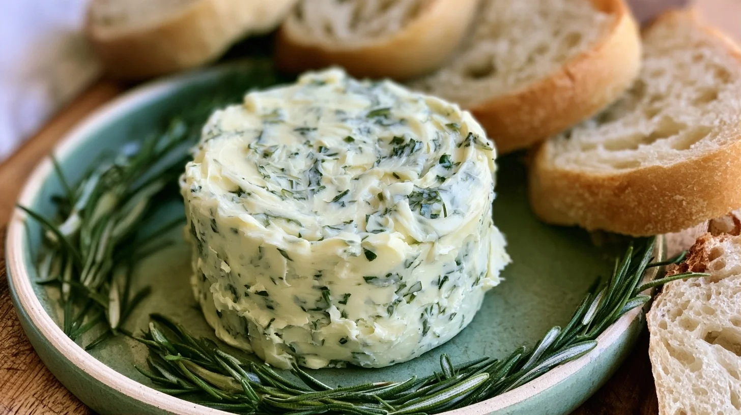 Homemade herb butter sliced into rounds on a white plate with fresh parsley and thyme
