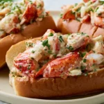 Lobster roll with chunks of tender lobster meat in a toasted split-top bun, garnished with fresh chives