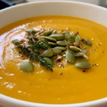 Squash soup in a white bowl with a drizzle of olive oil and roasted pumpkin seeds on top