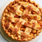 Dutch apple pie with golden crumble topping on a white plate, served with a scoop of vanilla ice cream