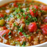 Stuffed pepper soup in a white bowl with chunks of bell peppers, ground beef, and rice in tomato broth