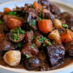 Beef bourguignon in a white bowl with tender beef chunks, pearl onions, mushrooms, and bacon in a glossy red wine sauce, garnished with fresh thyme